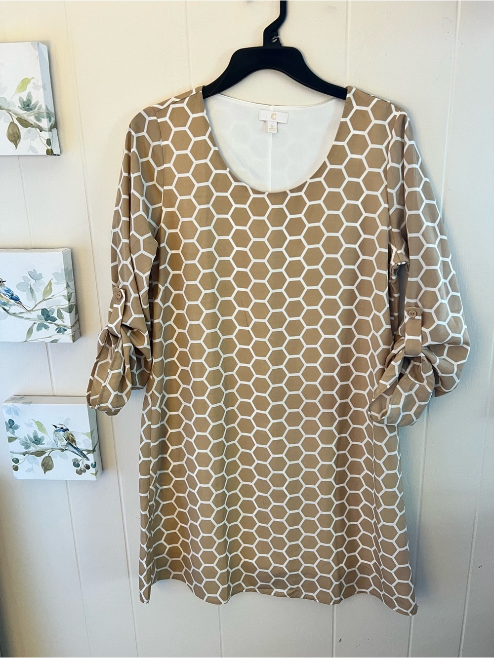 Small Honeycomb Print Dress in Tan and White by C by Charming Charlie